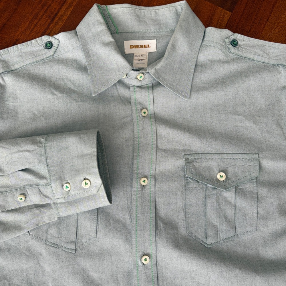 Diesel Green Long Sleeve Cotton Button Up Shirt Chest Flap Utility Pockets XXL